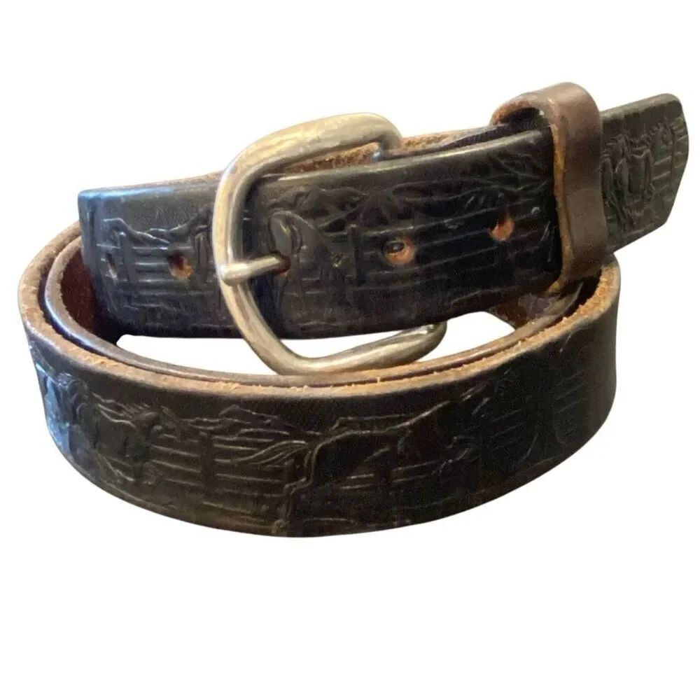 Mens Leather Belt Western Cowboy Horses Equine Brown Embossed Tooled Worn Sz 42
